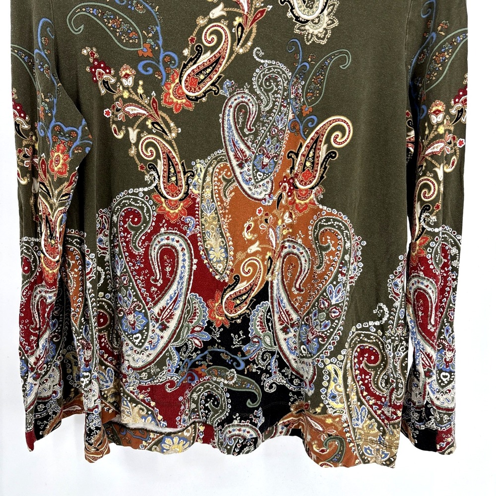 Chicos Olive Green Multi Color Paisley Shirt Top Large Office Stretch Travel - Picture 3 of 6